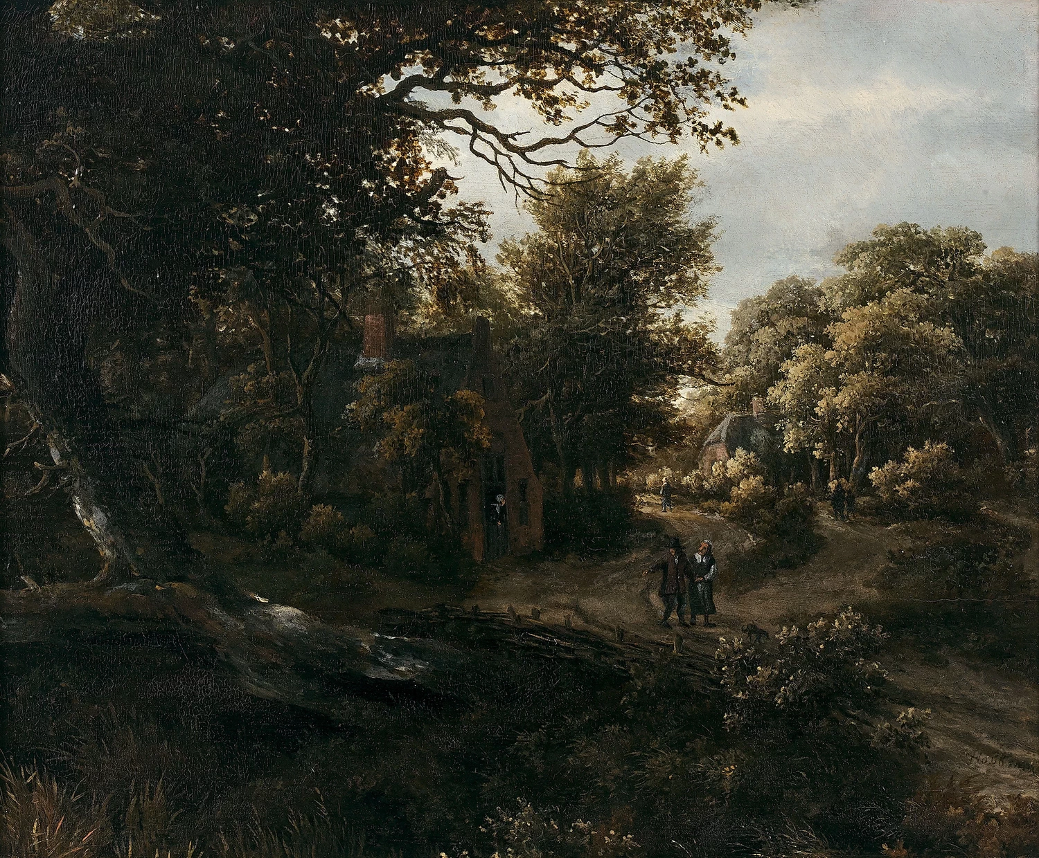 Paesaggio boscoso con figure a passeggio